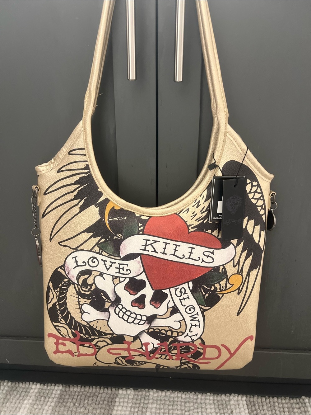 Ed Hardy Gold Shoulder Bag with Red Heart and Black Skull Graphic
